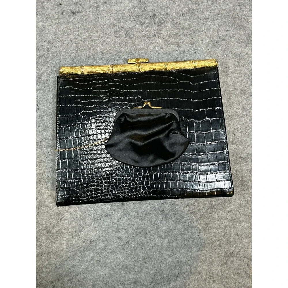 AFTER FIVE BLACK FAUX ALLIGATOR HANDBAG PURSE CHANGE PURSE VINTAGE Clutch Glam